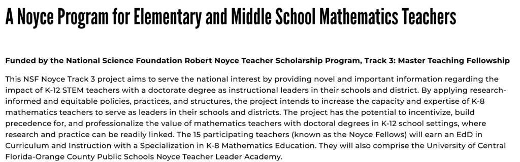 Summary of A Noyce Program for Elementary and Middle School Mathematics Teachers, funded by the National Science Foundation
